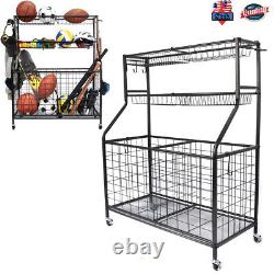 Sports Equipment Organizer Ball Storage Rack Garage Ball Rolling Basket Cart